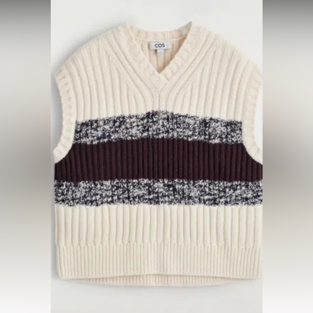 COS V-Neck Sweater Vest in Cream, Black and Maroon